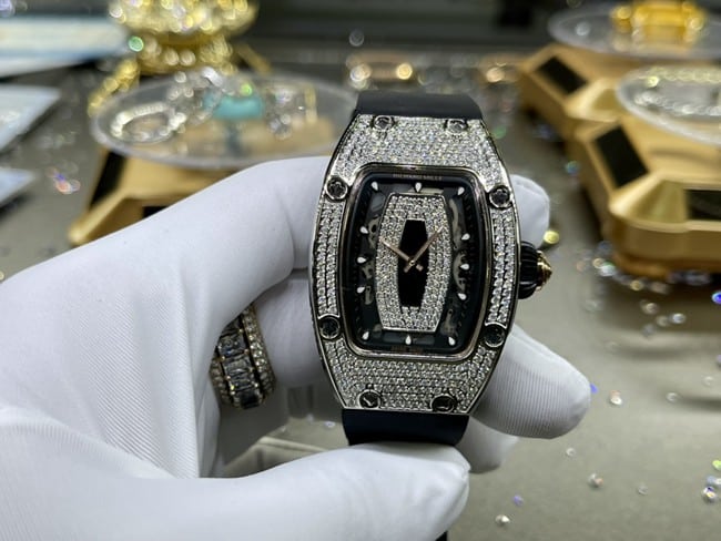 Richard Mille Women's Top Replica Watch with Real Diamonds, Hollow Black Plate Disc Set, Barrel-Shaped Rubber Model Automatic Mechanical