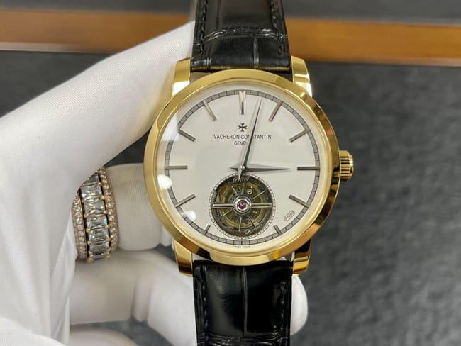 Vacheron Constantintop-tier Collectwatch men's white dial black belt tourbillon mechanical leather strap watch front view