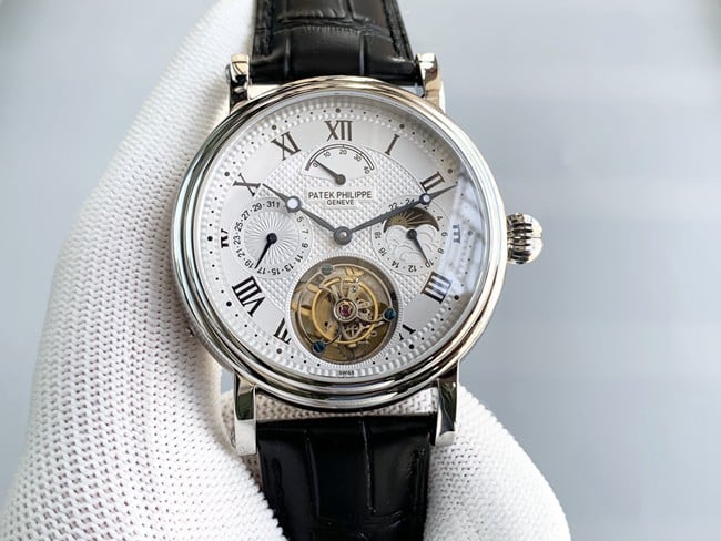 Patek Philippe Grande Complication Automatic Tourbillon Replica Watch White Dial 18K White Gold Case Leather Strap Model