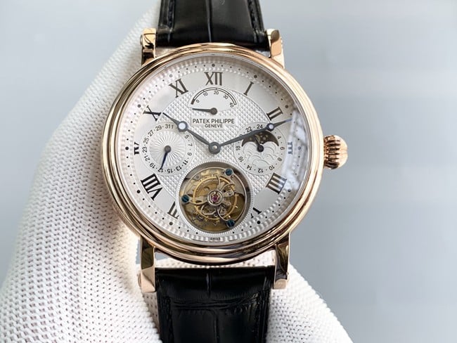 Men's Patek Philippe Grande Complication Timepieces: Top 1:1 Super Clone Automatic Tourbillon with White Disk, GMT Star Display, Power Display, Rose Gold Case and Strap