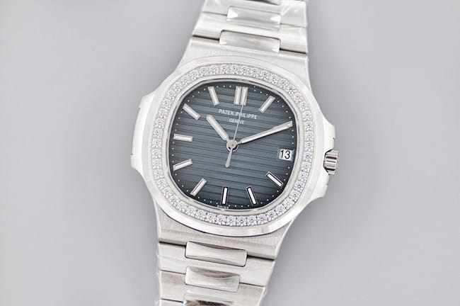 Patek Philippe 3K Factory Patek Philippe 5713/1G-010 Mechanical Super Clone Watch with Dark Blue Diamond Dial, Sapphire Crystal and White Gold-Plated Steel Strap