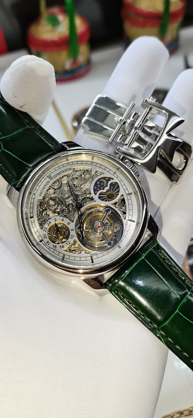 Vacheron Constantin Men's Top Replica Watch Off-site Time Zone Tourbillon with Sun, Moon and Stars Green Leather Strap Model