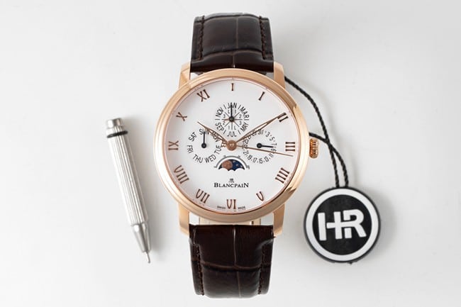 Blancpaintop-tier Collectwatch classic series manual winding mechanical men's white dial brown belt watch front view