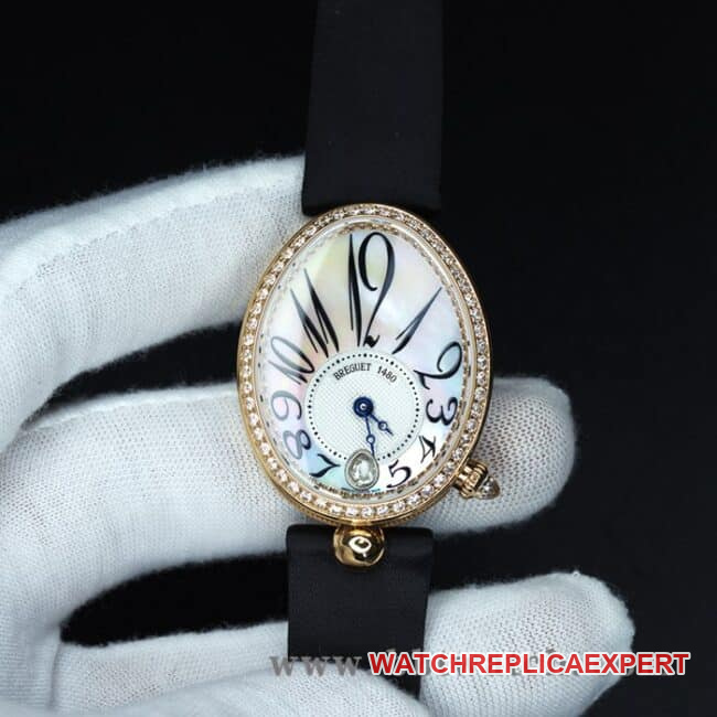 D00D ZF Breguet Ladies Queen of Naples V2 upgraded 1:1 top quality replica watch white natural mother-of-pearl dial satin strap 8918BA/58/864