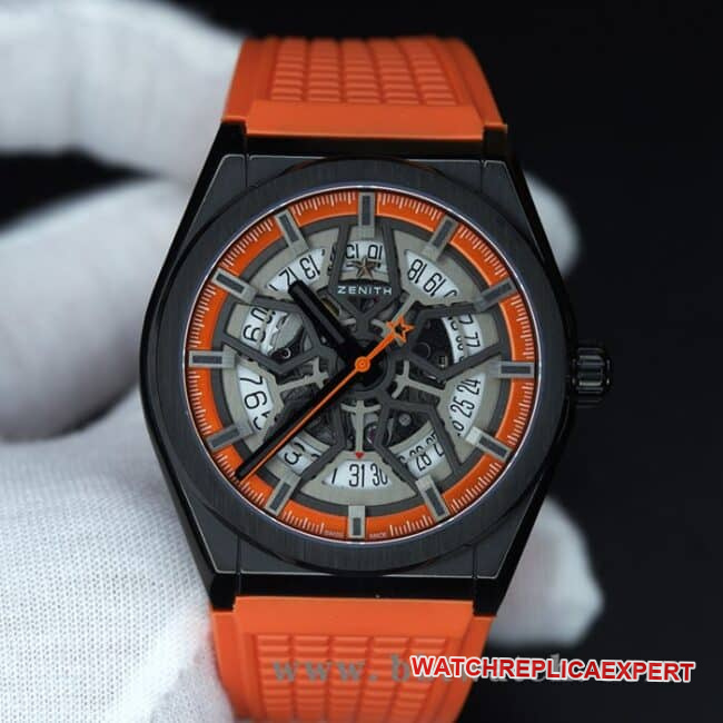 Zenith Men’s DEFY Super Clone Watch 49.9001.670/78 R781 Gray Plate Hollow Mechanical with Orange Rubber Strap