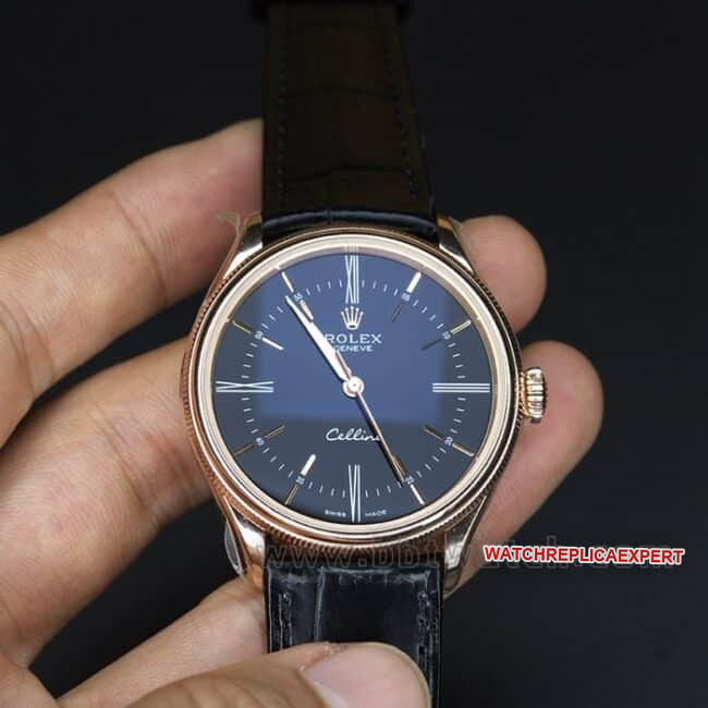 Rolex Cellini m50505-0008 Men's Watch by EW Factory: 18K Rose Gold Case, Black Dial, 39mm 1:1 Fine Replica with 3132 Automatic Movement
