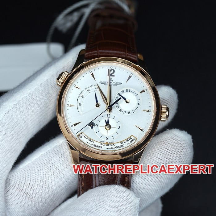 ZF Jaeger-LeCoultre Men's Master Top Replica Watch 1422521 with Silver-White Radial Brushing, Luminous Hour Markers and Rose Gold Dual Time Zone Design