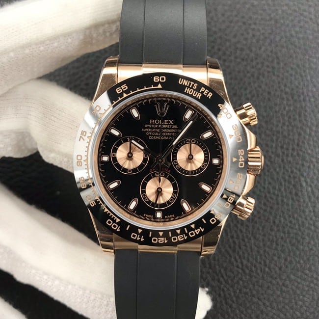 Rolex Reloj réplica Cosmograph Daytona Calibre 4130 Super A para hombre con esfera Panda negra, correa de caucho en oro rosa y cristal de zafiro resistente a los arañazos M116515ln-0017