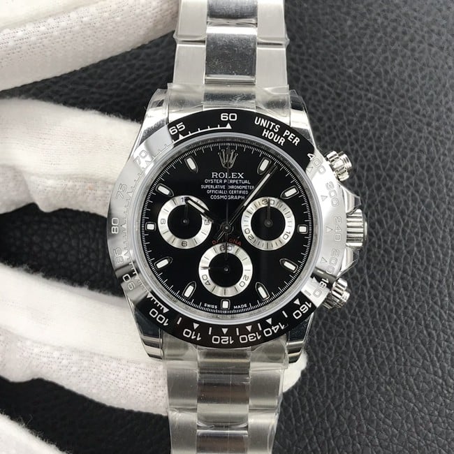 Rolex Cosmograph Daytona Super Clone Men's Watch with Polished Black Panda Dial and Steel Oyster Bracelet m116500ln-0002