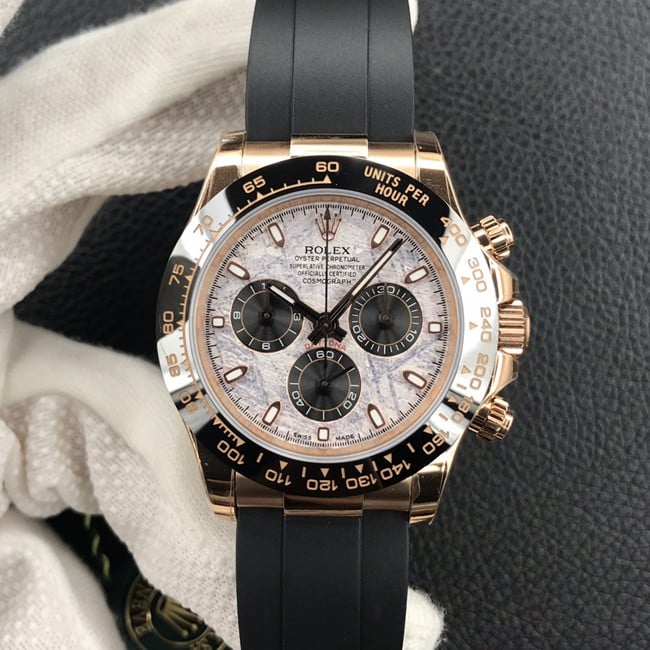 Rolex Rolex Men's Cosmograph Daytona 1:1 Super A Super Clone Watch with Meteorite Face, Silver Gray Dial, Rose Gold Rubber Model m116515ln-0055