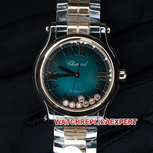YF factory Chopard women's HAPPY SPORT 1:1 super A imitation watches blue and green disk 7 active diamonds between gold steel strap models