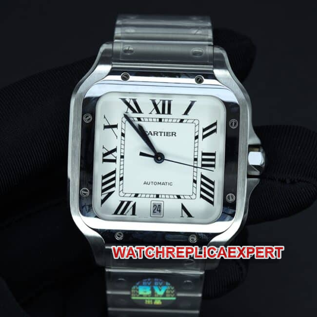 Cartier Santos Herrenuhr „Top Clone“ mit silberweißem Zifferblatt und Stahlarmband, BV-Werksmodell WSSA0018, Gehäusematerial 316