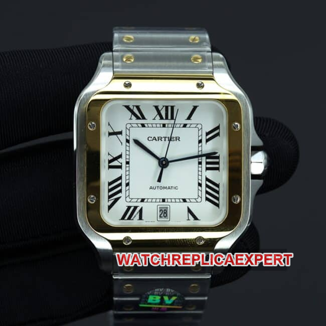 BV Factory Cartier Santos W2SA0009 Herrenuhr im Maßstab 1:1 – weißes Zifferblatt, goldene Lünette, Stahlarmband, 316er-Gehäuse