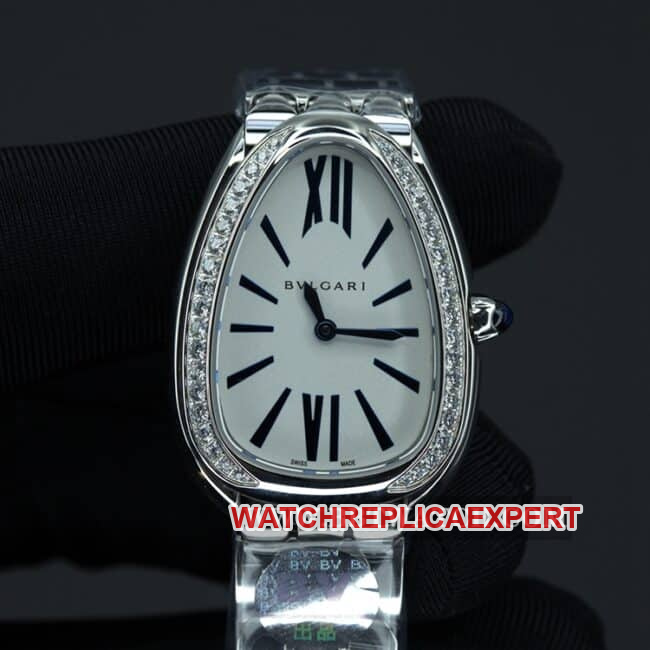 BV Factory Bvlgari Serpenti 1:1 Super Clone with Cabochon-Cut Pink Tourmaline Crown, Opal Dial, Diamond-Set 33mm Steel Belt Model 103148