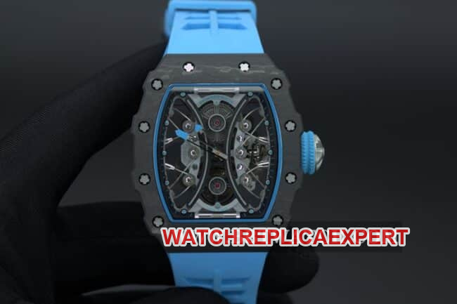 JB factory Richard Mille RM53-01 men's 1:1 super A super clone watches carbon fiber black dial blue rubber belt automatic mechanical tourbillon