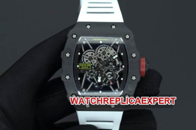 KV Factory Richard Mille Men's 1:1 Top Replica Skeleton Plate White Rubber RM 35-02 Carbon Fiber