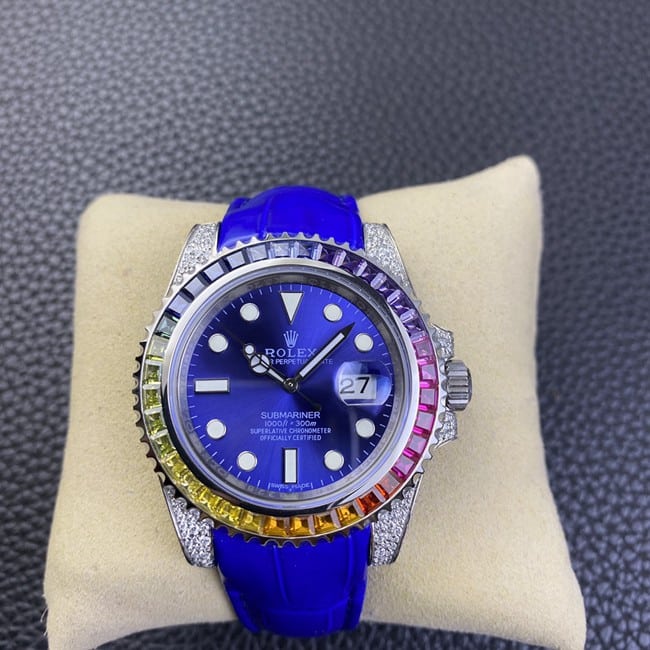 Rolex Men's Submariner 1:1 Top Replica Watch with Blue Dial, Diamond-Encrusted Bezel and Blue Leather Strap, 40 mm Automatic