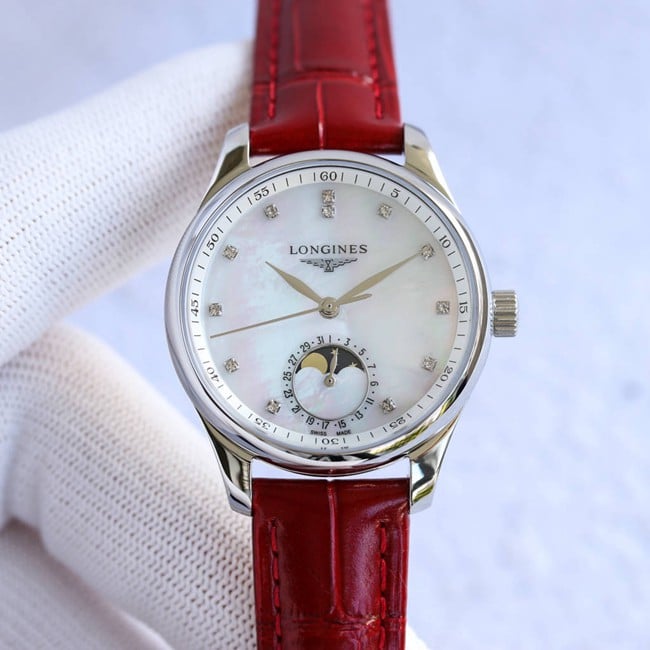 Top 1:1 Longines Watchmaking Tradition Replica: Elegant White Mother-of-Pearl Dial, Moon Phase & Red Strap L2.409.4.87.2