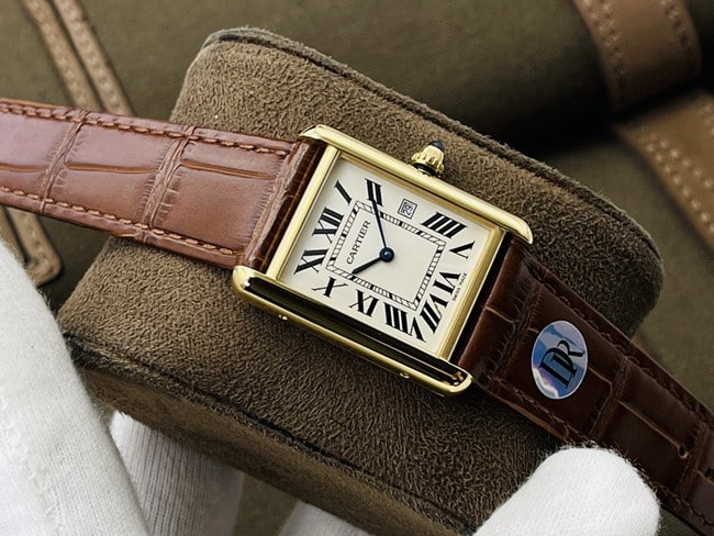 Cartier DR factory Tank Top 1:1 super clone watches silver white dial yellow gold brown strap casual style