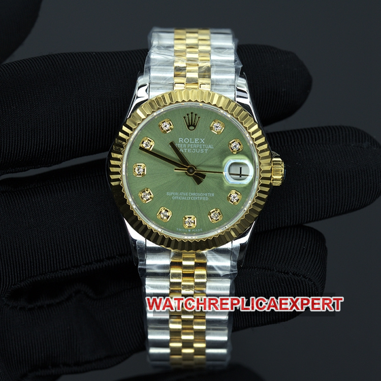 WF Factory Rolex Logotype Top Replica Women's 31mm Mechanical Waterproof Watch Olive Green Dial Intergold Steel Model m278273-0030