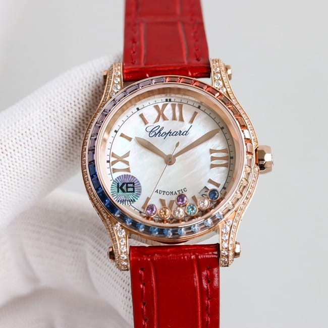 Chopard HAPPY SPORT Os melhores diamantes coloridos em aço 1:1 Elite réplica caixa de diamante com mostrador em madrepérola branca com gemas móveis