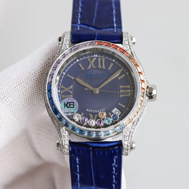 Chopard HAPPY SPORT 1:1 Réplica superior com diamantes coloridos, caixa de diamante com mostrador azul e modelo de cinto de cristal de safira