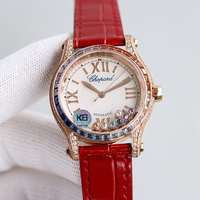 Relógio feminino HAPPY SPORT com qualidade super clone da Chopard, disco prateado e branco com diamantes coloridos ativos, modelo com pulseira de aço fino cravejado de diamantes