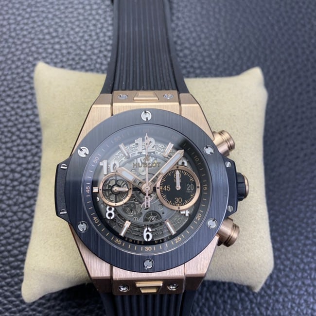 Hublot BIG BANG 44mm Super A Super Clone Watch with Matte Black Skeletonized Dial, 18K King Gold Case and Rubber Strap 421.OM.1180.RX