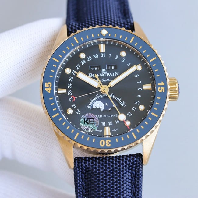 TWtop-tierBlancpainreplica watch men's black dial blue belt fifty fathoms series full automatic movement front view