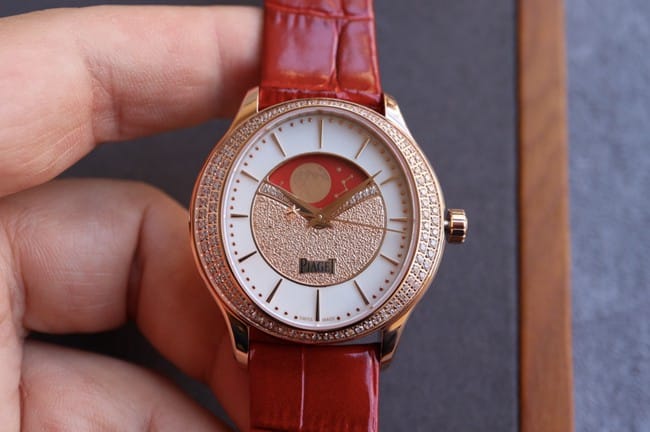 Piaget Femme LIMELIGHT STELLA 1:1 Réplique de montre de qualité supérieure Cadran blanc Phase de lune Or rose Bracelet rouge Modèle G0A40123