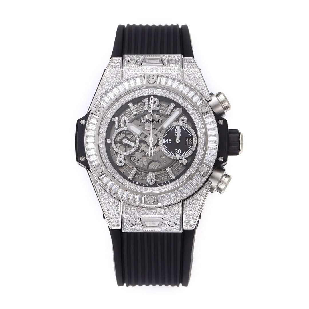 ZF Factory Hublot Men's BIG BANG UNICO Replica Watch with 44mm Titanium Case, Matte Black Skeletonized Dial, Diamond Rubber Strap 421.NX.1170.RX.0904