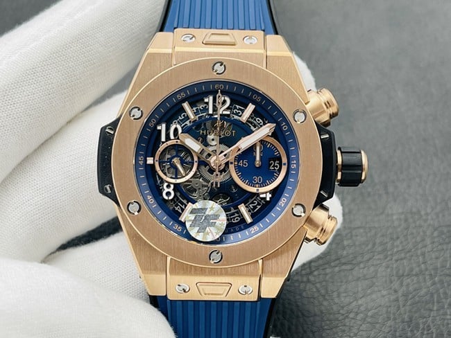 ZF Factory Hublot BIG BANG Men's Super Clone Watch 44MM Gold Case with UNICO HUB 1280 Chronograph Movement and Blue Rubber Strap