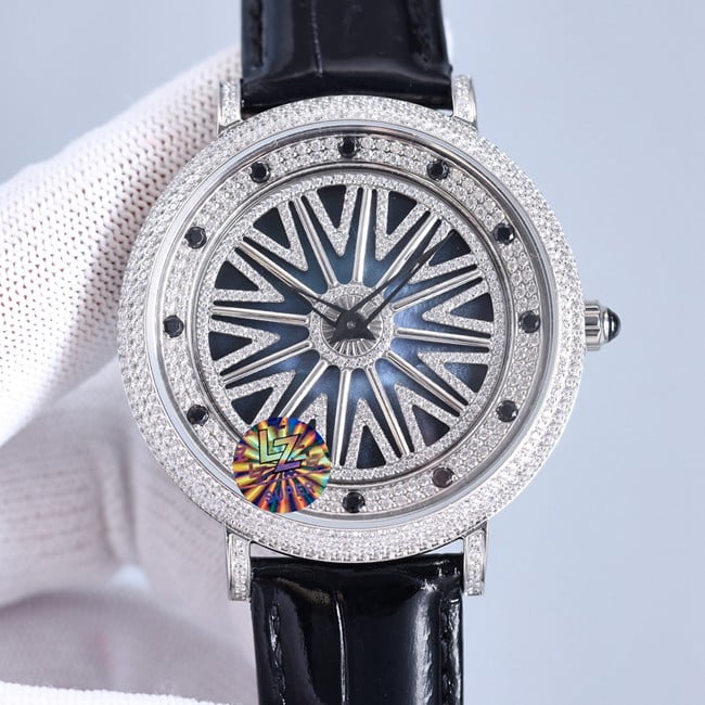 Anglia Men's Diamond-Set Cowhide Leather Watch with Swiss Automatic Movement and Sapphire Mirror