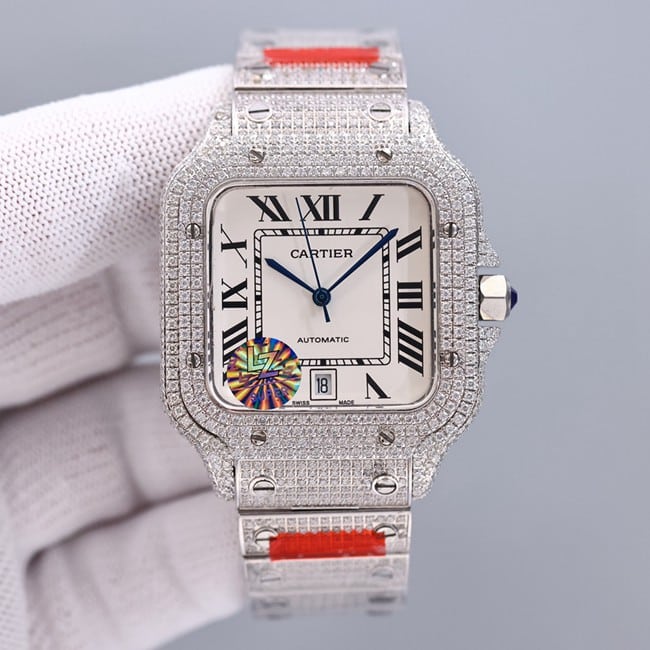 Cartier Montre Santos pour homme en or véritable et diamants véritables Super Clone avec cadran blanc étoilé, mouvement importé stable de 40 mm