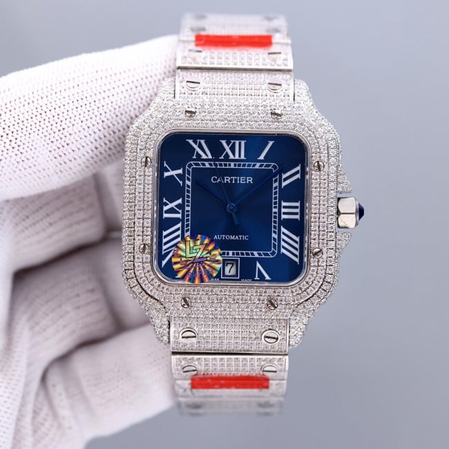Cartier Santos Super Clone Stunning Advanced Inlay Blue Plate Steel Strap Replica Watch