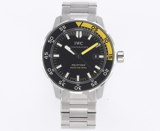 IWC Aquatimer IW356808 Herren-Taucheruhr, hochwertige Original Factory-Nachbildung mit schwarzem Zifferblatt und gelbem Viertelkreis-Stahlarmband