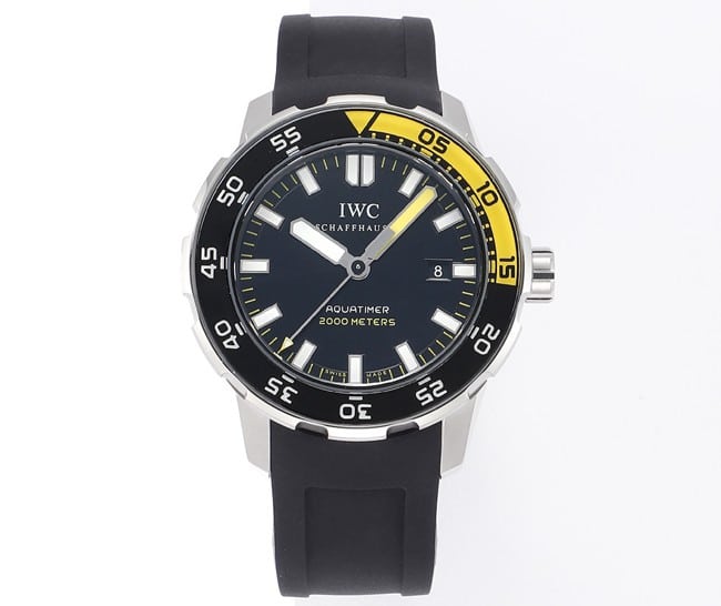 IWC IW356802 Herren-Aquatimer Original Factory Super A Imitationsuhr – Taucheruhr mit schwarzem Zifferblatt, gelbem Kreis und Kautschukarmband