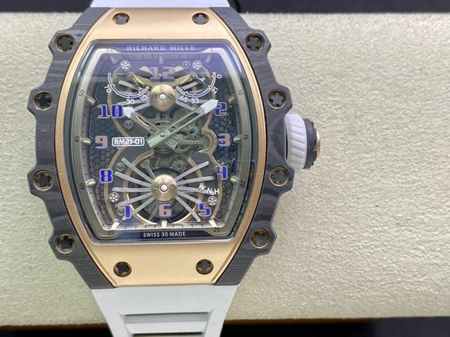 Richard Mille RM21-01 Men's Top Replica Aerodynamic Tourbillon Watch with Honeycomb Hollow Design & Blue PVD
