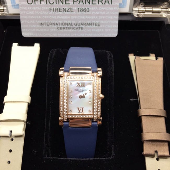 AW Factory Patek Philippe Women's 1:1 Premium Replica Timepiece Mother of Pearl Dial Curved Sapphire Blue Silk Strap