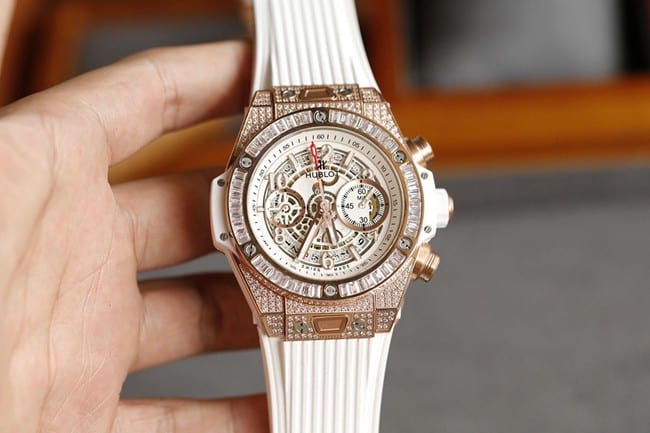 Hublot Men's BIG BANG Top 1:1 Replica Watch Matte White Hollow Dial Rose Gold Diamond-Encrusted Rubber Strap 441.OE.2010.RW.1704, 45.5 mm 7750 Movement