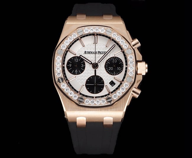 Audemars Piguet D003CA Women's Royal Oak Offshore 26231OR.ZZ Top 1:1 Imitation Watch Rose Gold Silver Panda Dial with Diamonds Rubber Strap, Exclusive Upgrade 7750 Movement