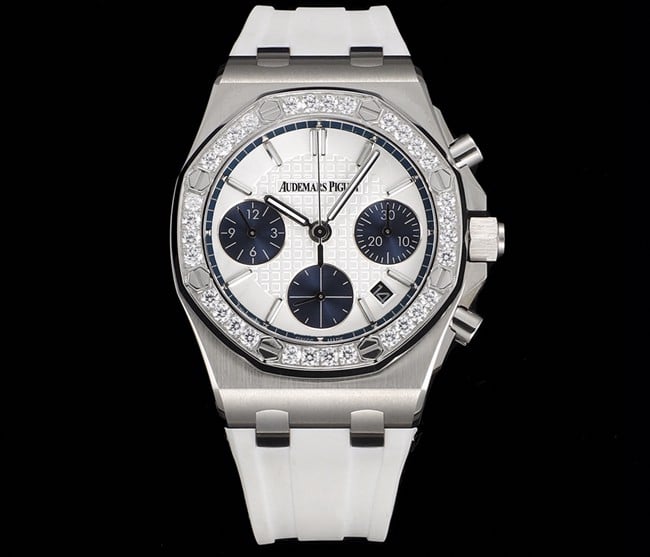 Audemars Piguet Royal Oak Offshore Ladies 1:1 Top Replica – Silver Panda Diamond Dial, Rubber Strap, 37mm 7750 Movement 26231ST.ZZ.D010CA.01