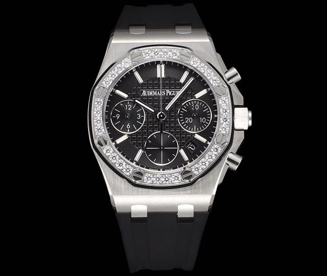 Audemars Piguet Women's Royal Oak Offshore 37mm Multifunction Chronograph Super Clone-Quality Watch, Black Panda Dial, Diamond Bezel, Rubber Strap, 7750 Movement, 26231ST.ZZ.D002CA.01, D002CA