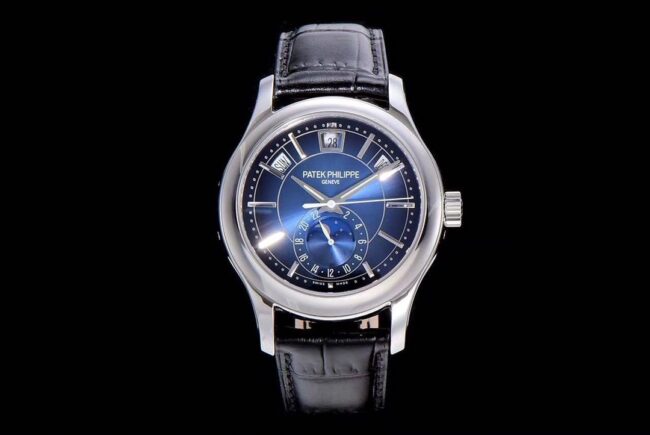 Patek Philippe 5205G-013 Complications Watch by GR Factory: White Gold Case, Blue Dial, Moon Phase Belt super clone-quality