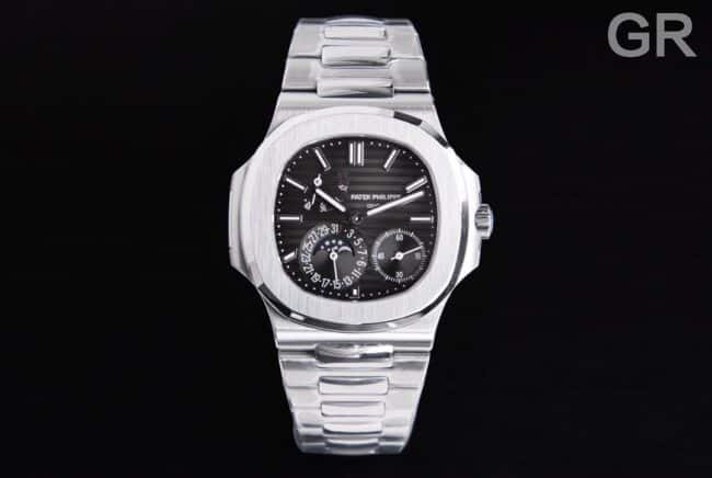 GR Patek Philippe Patek Philippe Men's Sporty Elegant Super Clone Watch with Black Background, Moon Phases and Steel Strap Models