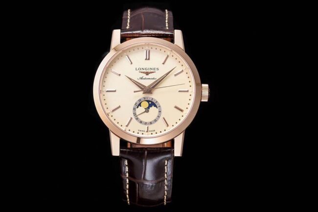 Longines Men’s Watchmaking Tradition Original Factory Super A Fine Imitation Watch, Rose Gold Moon Phase Leather Strap Retro Style Model