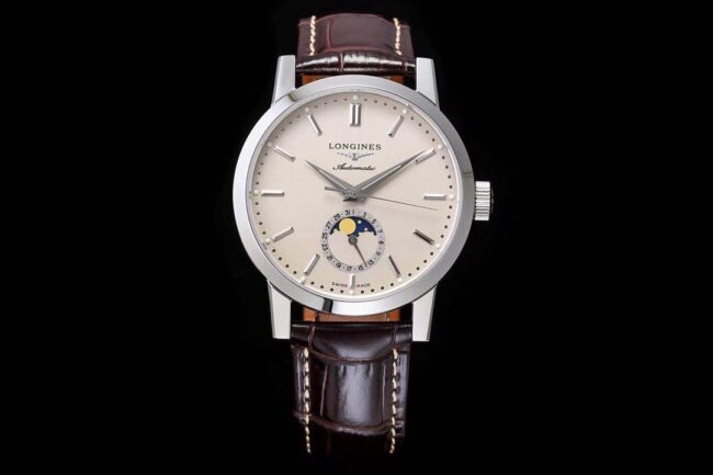 Élégante mécanique Longines classique réplique L4.826.4.92.2 montre phase de lune en acier inoxydable cadran blanc bracelet marron