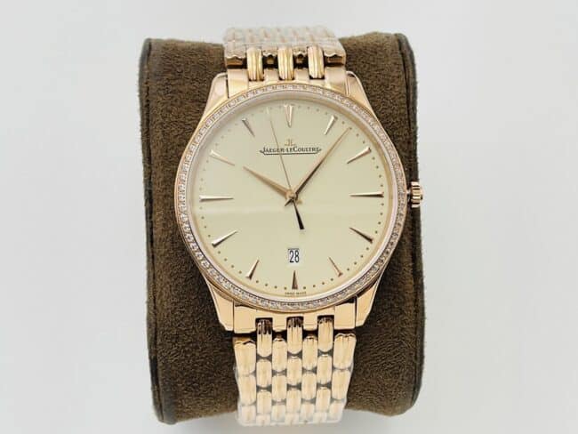 Jaeger-LeCoultre Ultra Thin Master Series Men's Super Clone Watch with 18k Gold-Plated Steel Strap, Diamonds, Silver Dial and Sunny Texture