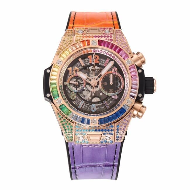 Hublot BIG BANG Unico 411.OX.9910.LR.0999 Men’s 1:1 Top Replica Watch with Skeletonized Panda Dial and Rainbow Full-Diamond Strap