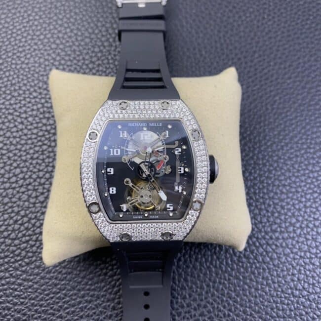 Richard Mille RM 001 Relógio masculino Super A Clone Tourbillon com diamantes moissanite completos, mostrador preto e pulseira de borracha
